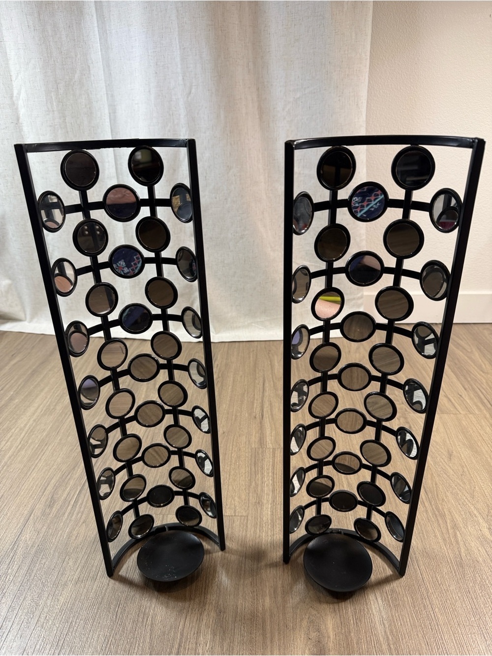 Black Metal & Circle Mirror Frame Candle Holders - Pair